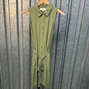 Lucky Brand Olive Green Sleeveless Shirt Midi Dress with Tie